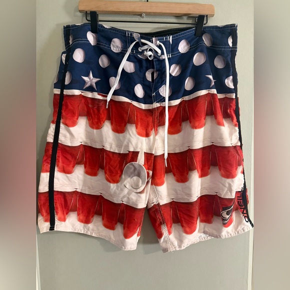 O’Neill Men’s Board Shorts 38 Red Solo Cup American Flag USA Swim Trunks - Picture 1 of 10